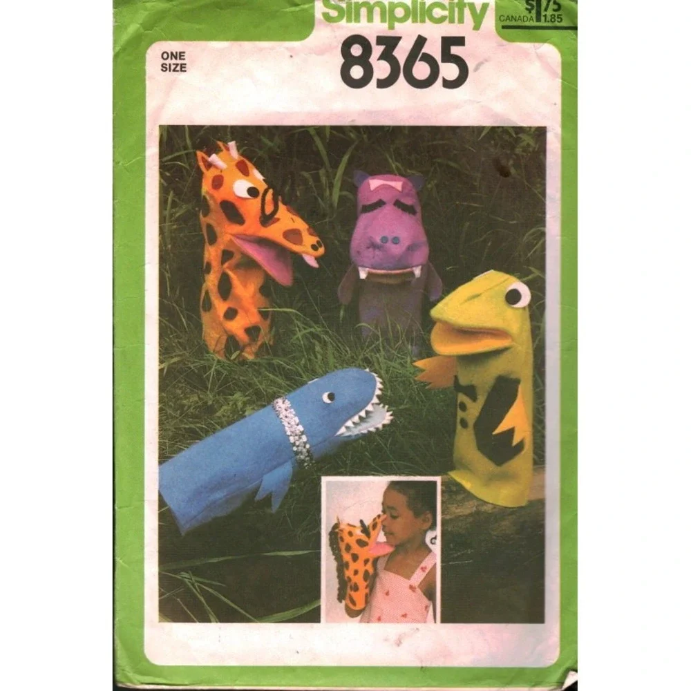 Simplicity 8365 Vintage Felt Hand Puppet Sewing Pattern Frog Hippo Giraffe Shark